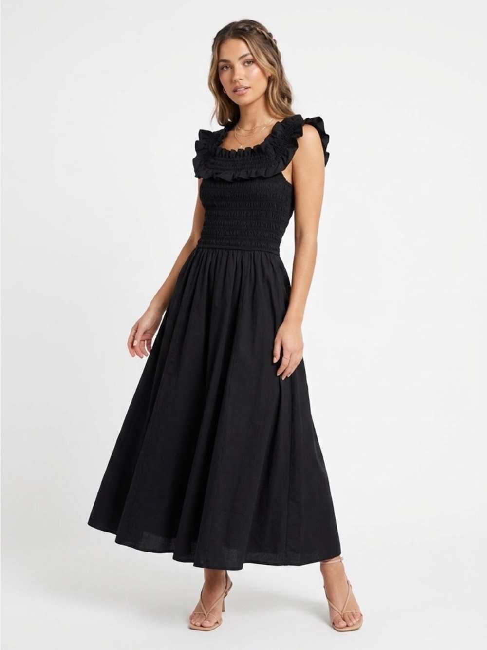 Wilfred Becky Poplin Midi Dress Smocked Ruffle Cotton Black S